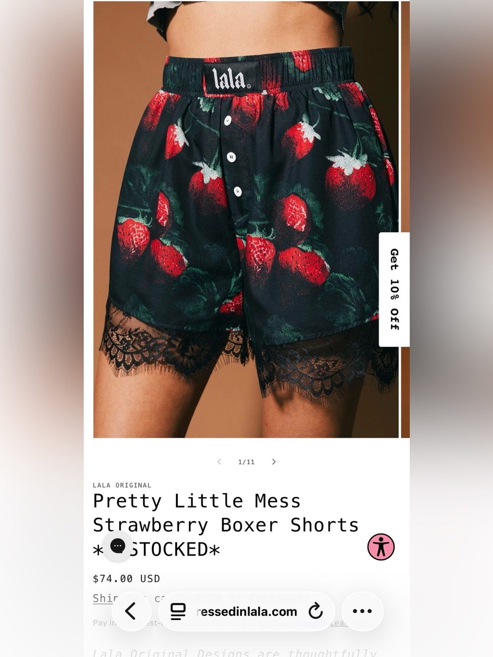Dressed in LALA Black Satin Boxer Shorts with Red Strawberry Print